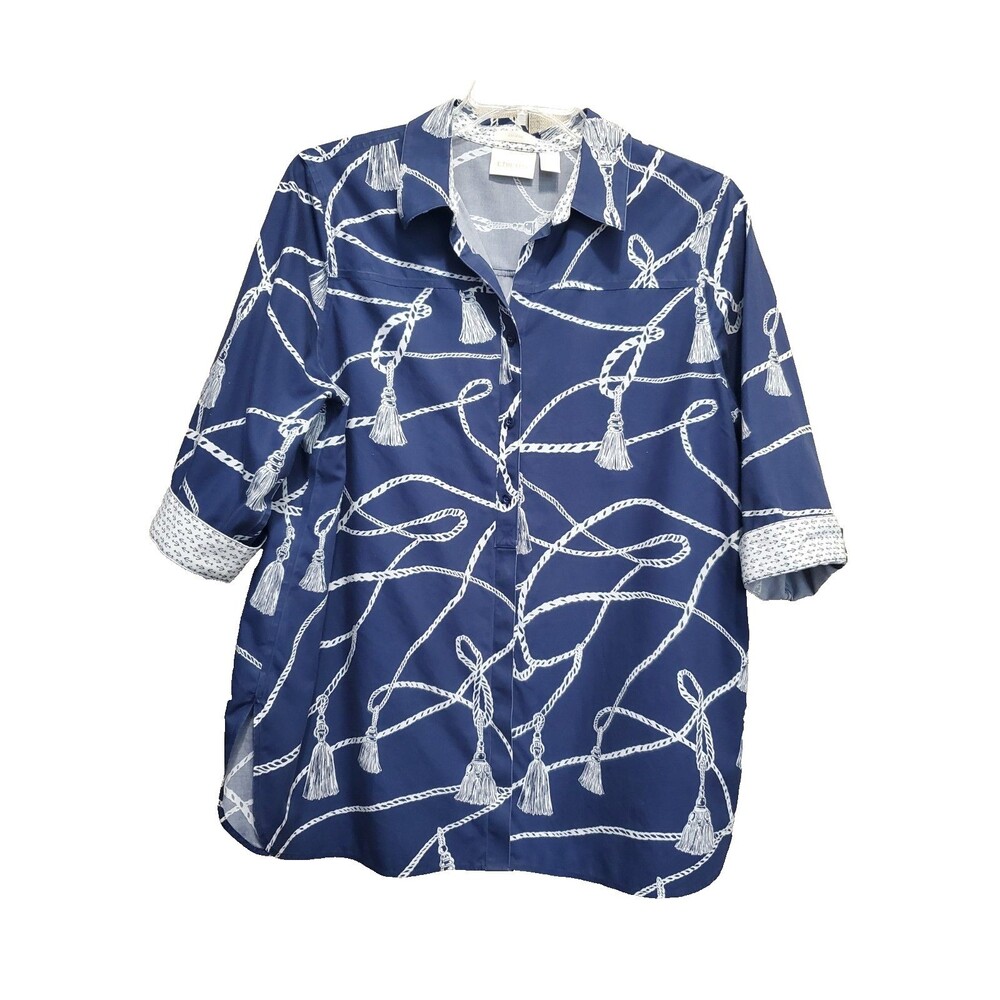 CHICO'S No-Iron Blue Cotton Tassel Rope Print Flip-Cuff Button-Up Shirt 3 (XL)